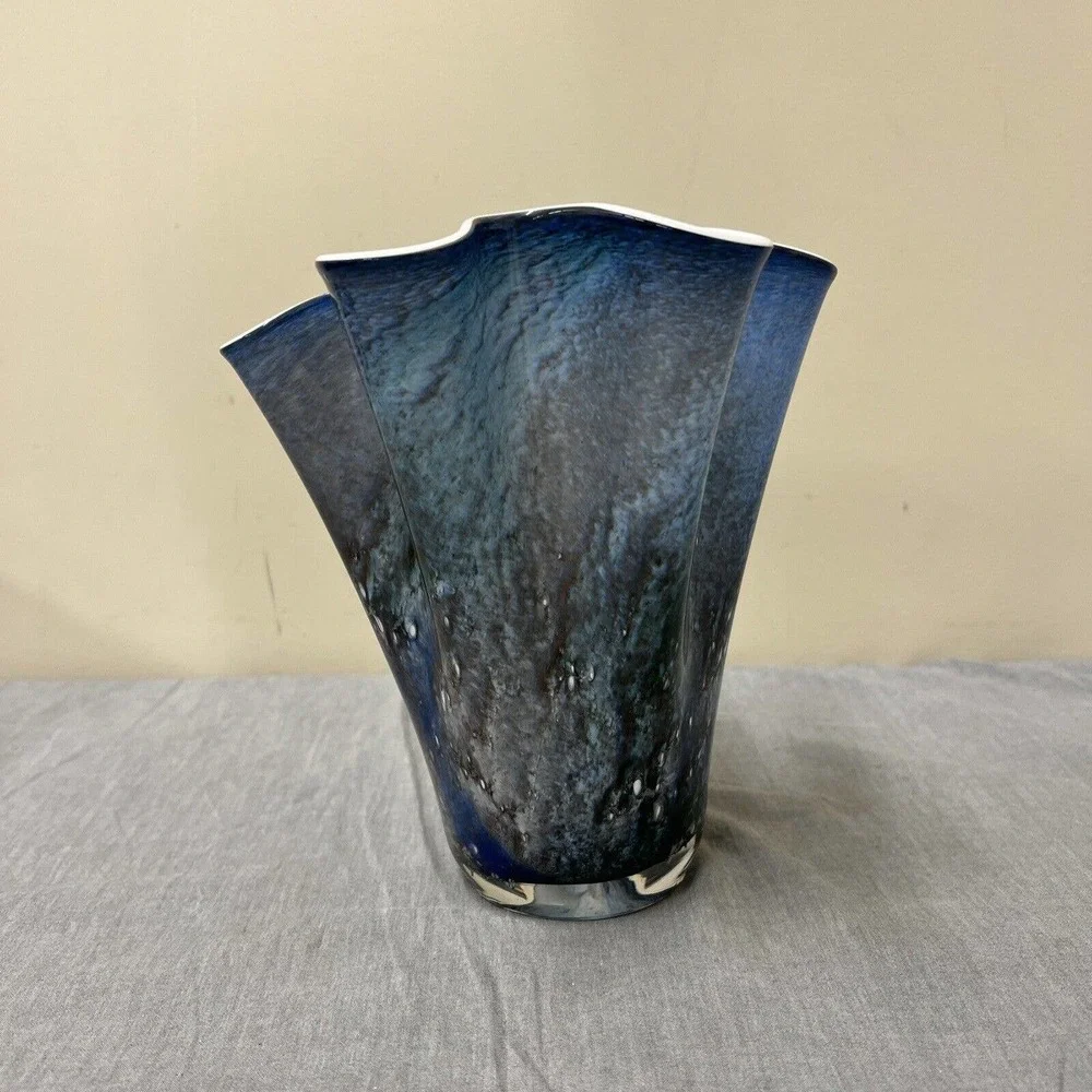 Alicja Handkerchief Blue Art Glass Vase Hand Made In Poland 8”T 7”W FS Charity